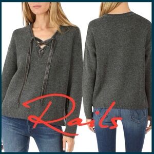 Rails Grey V-Neck Ribbon Tie Wool Cashmere Blend Sweater (XS/S)